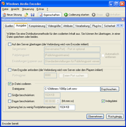 Windows Media Encoder output settings
