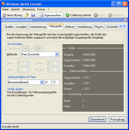 Windows Media Encoder Videogrößeneinstellung